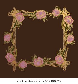 Square golden frame made of branches with lush flowers. Decorative element for design work in the boho style. Border on a dark background.