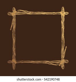 Square golden frame made of branches. Decorative element for design work in the boho style. Border on a dark background.
