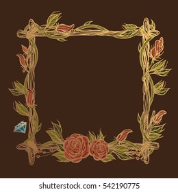 Square golden frame made of branches with roses and flower buds. Decorative element for design work in the boho style. Border on a dark background.