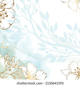 Quadratischer goldener Rahmen aus goldenen Blumen und Ästen auf weißem Hintergrund. Blau und Grün. Minimalismus der Formen in einem quadratischen Rahmen und Abstraktion. Blätter mit Blumen von Pflanzen. Vektorgrafik