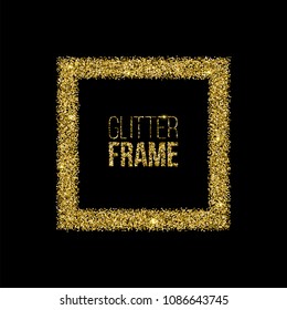 Square golden frame made of golden glitter isolated on black background. Vector design element.