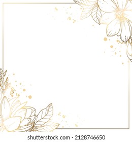 Marco dorado cuadrado hecho de flores pequeñas y ramas de magnolia dorada sobre un fondo blanco y salpicaduras. Minimalismo de las formas en un marco cuadrado y abstracción. Ilustración vectorial.