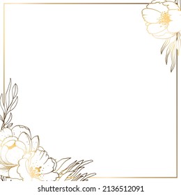 Square golden frame made of small flowers and branches of golden magnolia on a white background. Minimalism of forms in a square frame and abstraction. Vector illustration.