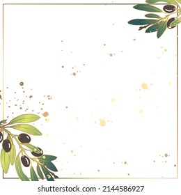 Square golden frame with golden olive branch on white background. Minimalism of forms in a square frame and with spots of abstraction. Vector illustration.
