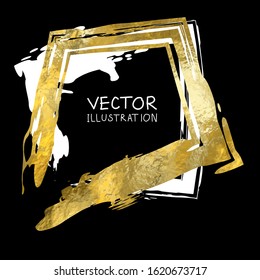 Square golden frame on a black background. Luxury vintage border, Label, logo design element. Hand drawn vector Illustration. Abstract gold brush