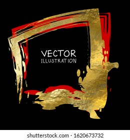 Square golden frame on a black background. Luxury vintage border, Label, logo design element. Hand drawn vector Illustration. Abstract gold brush