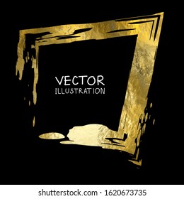 Square golden frame on a black background. Luxury vintage border, Label, logo design element. Hand drawn vector Illustration. Abstract gold brush