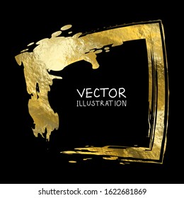 Square golden frame on a black background. Luxury vintage border, Label, logo design element. Hand drawn vector Illustration. Abstract gold brush