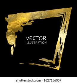 Square golden frame on a black background. Luxury vintage border, Label, logo design element. Hand drawn vector Illustration. Abstract gold brush