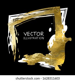 Square golden frame on a black background. Luxury vintage border, Label, logo design element. Hand drawn vector Illustration. Abstract gold brush