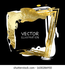 Square golden frame on a black background. Luxury vintage border, Label, logo design element. Hand drawn vector Illustration. Abstract gold brush