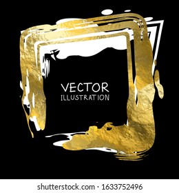 Square golden frame on a black background. Luxury vintage border, Label, logo design element. Hand drawn vector Illustration. Abstract gold brush