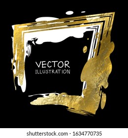 Square golden frame on a black background. Luxury vintage border, Label, logo design element. Hand drawn vector Illustration. Abstract gold brush