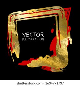 Square golden frame on a black background. Luxury vintage border, Label, logo design element. Hand drawn vector Illustration. Abstract gold brush