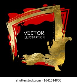 Square golden frame on a black background. Luxury vintage border, Label, logo design element. Hand drawn vector Illustration. Abstract gold brush
