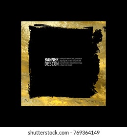 Square Golden Frame On A Black Background. Luxury Vintage Border, Label, Logo Design Element. Hand Drawn Vector Illustration. Abstract Gold Brush