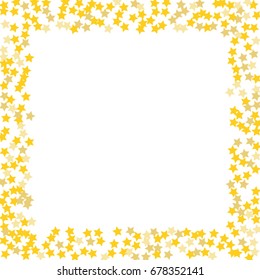 A square golden frame of random scatter of gold stars on a white background. Element of the design of the holiday banner, greeting card, cards, invitations to the wedding. Vector illustration