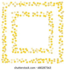 A square golden frame of random scatter of gold stars on a white background. Element of the design of the holiday banner, greeting card, cards, invitations to the wedding. Vector illustration