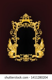 Square golden frame with vintage Victorian metal Leaves​and lions on black background​