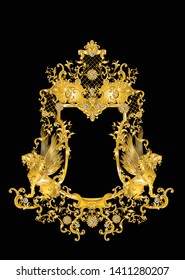 Square golden frame with vintage Victorian metal Leaves​and lions on black background​