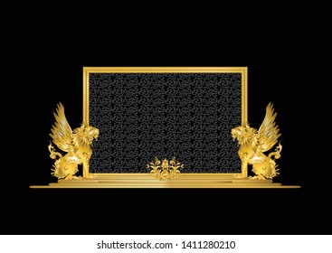 Square golden frame with vintage Victorian metal Leaves​and lions on black background​