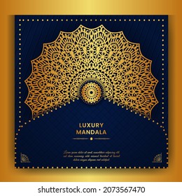 Square golden mandala design with abstract luxury blue background