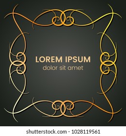 A square golden monogram element on a dark background. Vector illustration.
