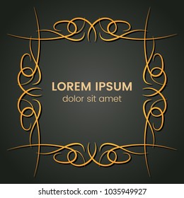 A square golden monogram element on a dark background. Vector illustration.