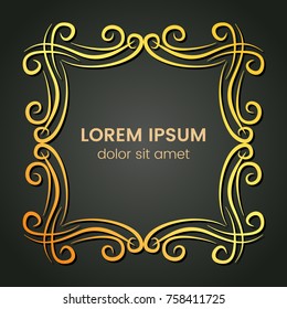 A square golden monogram element on a dark background. Vector illustration.