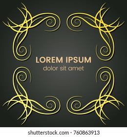 A square golden monogram element on a dark background. Vector illustration.