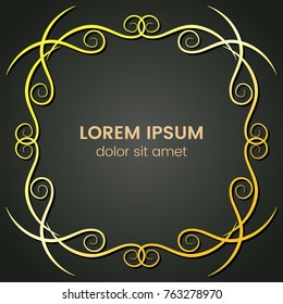 A square golden monogram element on a dark background. Vector illustration.
