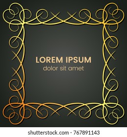 A square golden monogram element on a dark background. Vector illustration.