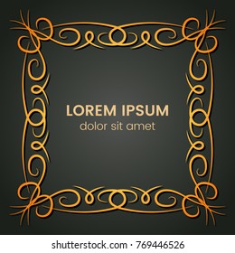 A square golden monogram element on a dark background. Vector illustration.