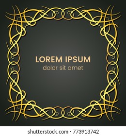 A square golden monogram element on a dark background. Vector illustration.