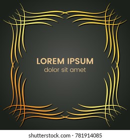 A square golden monogram element on a dark background. Vector illustration.