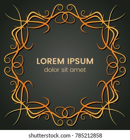 A square golden monogram element on a dark background. Vector illustration.