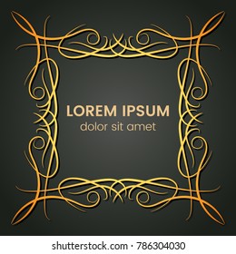 A square golden monogram element on a dark background. Vector illustration.