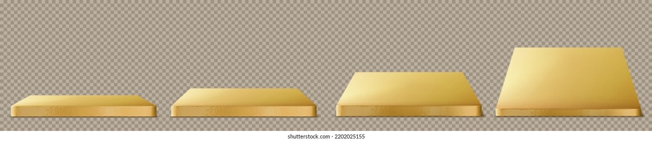 Square Golden Platform, Empty Podium For Product Presentation. Shiny Metal Gold Colored Stage, Display, Scene, Stand To Show Cosmetic Production, Showcase Side And Top View Realistic 3d Vector Set