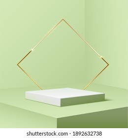 Square golden podium with rhombus frame standing on green pastel background. 3d pedestal for product vector illustration. Gold stage with rectangle glowing in sparkles. Abstract realistic decoration.