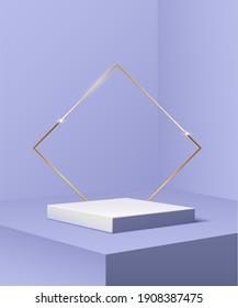Podio cuadrado de oro con marco rhombus sobre fondo azul pastel. 3d peatón para ilustración vectorial de producto. Escenario dorado con rectángulo brillando en destellos. Resumen de la decoración realista.
