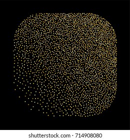 Square golden powder background of random scatter golden circles isolated on black.