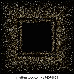 Square golden powder frame or border of random scatter golden circles isolated on black.