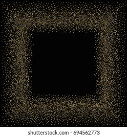 Square golden powder frame or border of random scatter golden circles isolated on black.