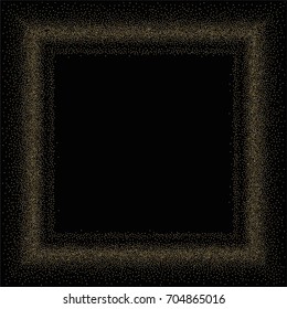 Square golden powder frame or border of random scatter golden circles isolated on black.