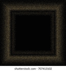 Square golden powder frame or border of random scatter golden circles isolated on black.