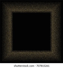 Square golden powder frame or border of random scatter golden circles isolated on black.