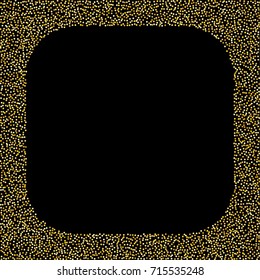 Square golden powder frame or border of random scatter golden circles isolated on black.
