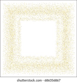 Square golden sand frame or border of random scatter golden circles isolated on white.