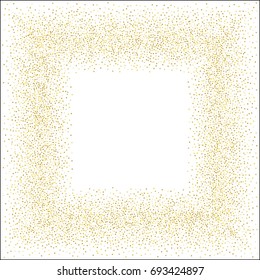Square golden sand frame or border of random scatter golden circles isolated on white.