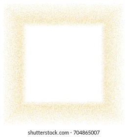 Square golden sand frame or border of random scatter golden circles isolated on white.